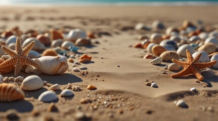 Summer concept with sandy beach, shells and starfish lapping by calm ocean waves. Seashells are lying on the wavy sand of the seabed. Sea waves the beach. - obrazy, fototapety, plakaty