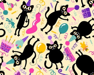 Birthday cartoon animals seamless cats pattern for wrapping paper and kids clothes print and party accessories