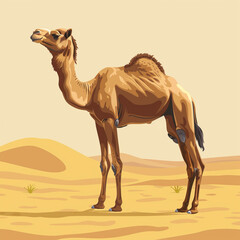 A vibrant vector illustration of a camel standing tall against a desert backdrop, full of life and color.