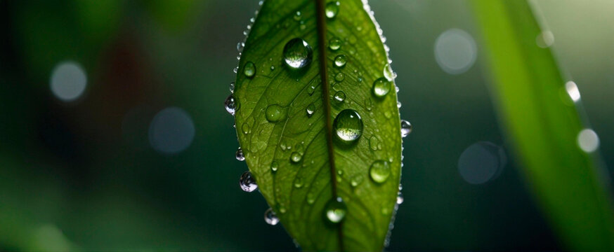 Macro shot of green leaves with drops of dew water over. Autumn concept, forest, trees, forest, rain, freshness