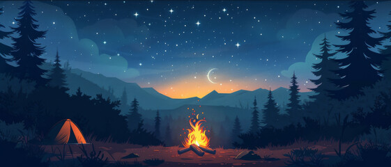 Stylized animated image of a campfire at night in the forest with mountains in the background. - obrazy, fototapety, plakaty