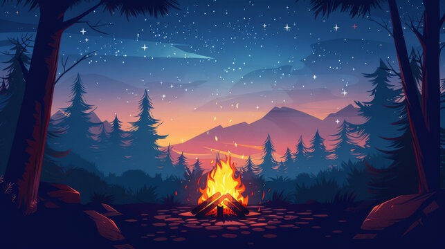 Stylized animated image of a campfire at night in the forest with mountains in the background.