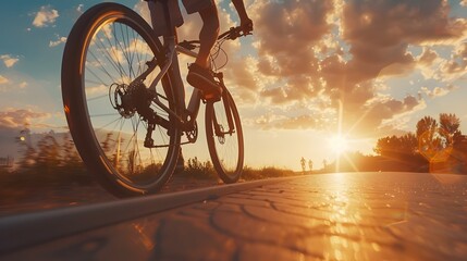 Blur photo sports man ride bicycles with speed motion on the road in the evening with sunset sky. Summer outdoor exercise for healthy and happy life. Cyclist riding mountain bike on bike lane. Team. - obrazy, fototapety, plakaty
