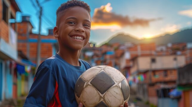 Portrait of happy smiling Latino boy while he running by narrow poor Favela Brazilian Rio de Janeiro district with old football ball. Active people, child dream and travel concept