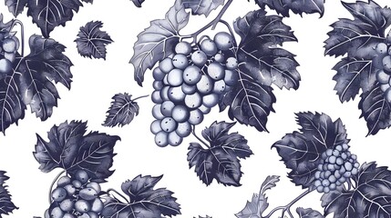 Vector seamless pattern with hand drawn grape textured leaves on white background. Autumn nature illustration. Design for wine list, winery, label, package, wrapping paper or textile print.
