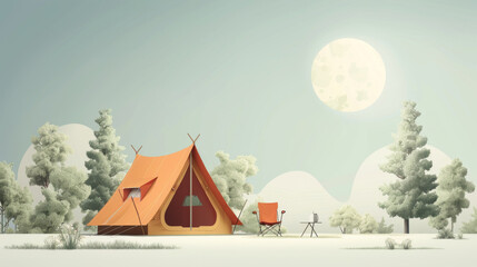 Surreal digital artwork of a camping site with a vintage tent under a whimsical full moon and soft daylight.