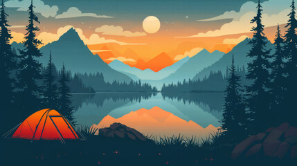 An idyllic digital illustration of a twilight camping scene by a serene mountain lake with a reflective water surface.