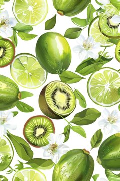 Fresh kiwis, limes, and lemons arranged in a pattern on a white background. Great for food and beverage designs