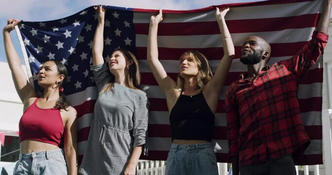 Smile, american flag and group of patriot friends outdoor together for government protest or rally. Holiday, independence day or fourth of July with happy young people in usa for celebration