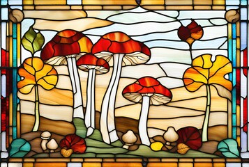 Stained glass wild mushrooms in the forest nature illustration 