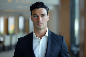 Portrait of young caucasian man with black hair and blue eyes dressed in corporate business wear, suit, standing confidently in the board meeting room. High quality photo - Powered by Adobe