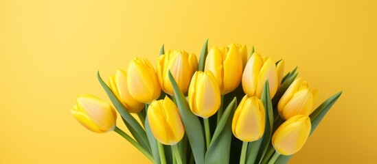 Bouquet of vibrant yellow tulips displayed in a glass vase set against a background in the same sunny hue