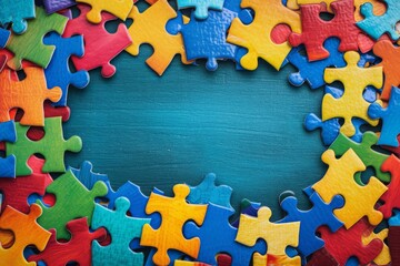 Blue, yellow, green, red pieces of puzzle frame on wooden background with copy space for text. World autism awareness day concept. Top view