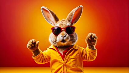 funny rabbit dancing with sunglasses with orange yellow background generative AI