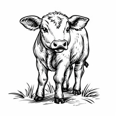 Ink sketch of a young cow standing in grass, black and white illustration.