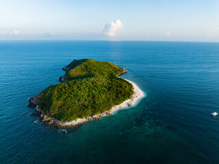 Aerial photography of Jiajing Island, Shimei Bay, Wanning, Hainan, China, in summer evening