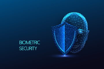 Biometric security, authentification, facial recognition futuristic concept on dark blue background - obrazy, fototapety, plakaty
