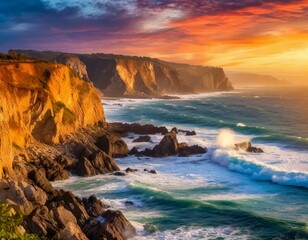 A mesmerizing sight of coastal cliffs bathed in the warm glow of the setting sun, with waves 
