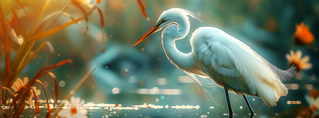 Egret Catching Insect by Waterlilies at Dusk
 - obrazy, fototapety, plakaty