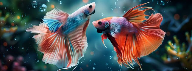 Vibrant Betta Fish Duo Gliding in Aquatic Serenity
