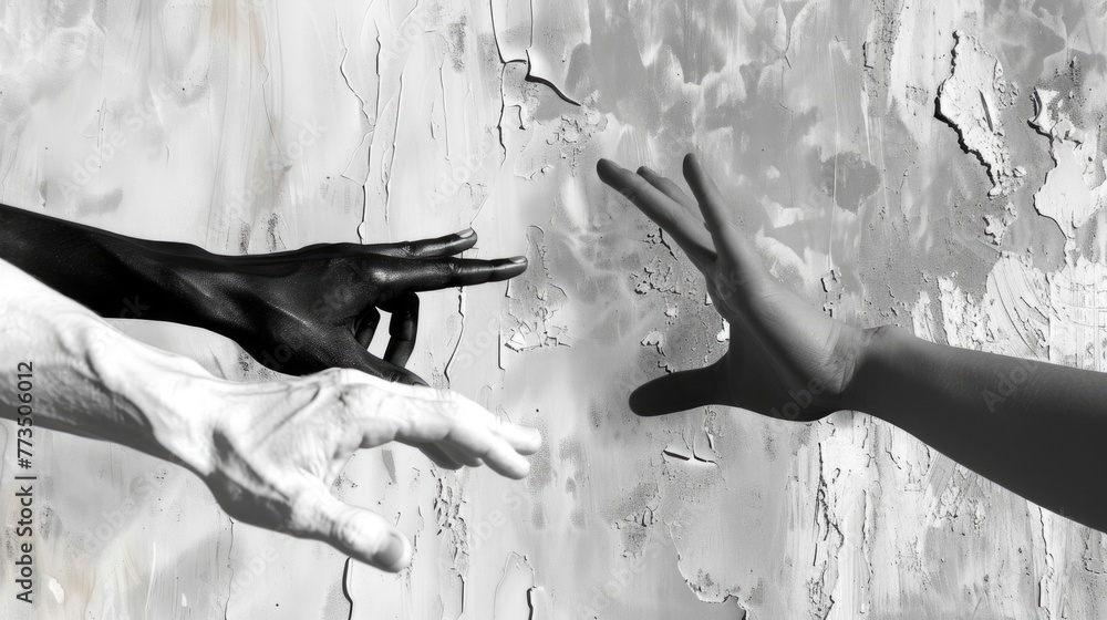 Poster Two hands reaching towards each other, suitable for teamwork concepts