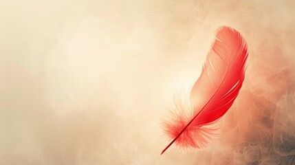Single red feather floating on a delicate smokey background. Minimalist artistic concept. Design for creative arts, poetry book cover, and wallpaper.