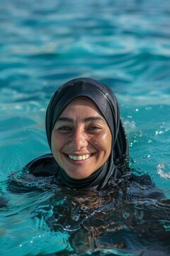 Gleeful Muslim adult woman on her 40th in swim hijab (burkini), embodying water fun and cultural freedom
