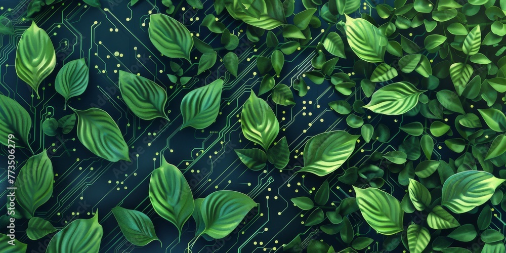 Wall mural lush green foliage merging with electronic circuit lines. digital nature fusion concept illustration - Wall murals