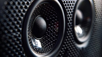 Close-up view of speaker tweeter with metallic grille detail. High fidelity audio and sound quality concept for stereo equipment and speaker design. - obrazy, fototapety, plakaty