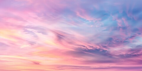 Naklejka na ściany i meble Dreamlike sky with pastel clouds and ethereal light. High-resolution background in vibrant hues for design, print, and meditation visuals with space for text.