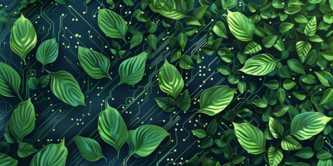 Lush green foliage merging with electronic circuit lines. Digital nature fusion concept illustration for eco-friendly technology themes and green innovation design - obrazy, fototapety, plakaty