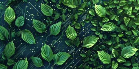 Foto op Plexiglas Lush green foliage merging with electronic circuit lines. Digital nature fusion concept illustration for eco-friendly technology themes and green innovation design © Irina.Pl