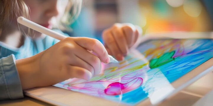 Focused child using a stylus to draw on a digital tablet. Art and technology in early education concept. Design for learning materials, art classes, and creative development tools