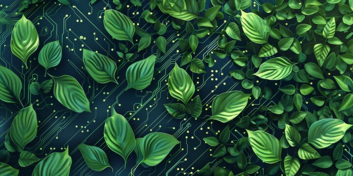 Fototapeta Lush green foliage merging with electronic circuit lines. Digital nature fusion concept illustration for eco-friendly technology themes and green innovation design