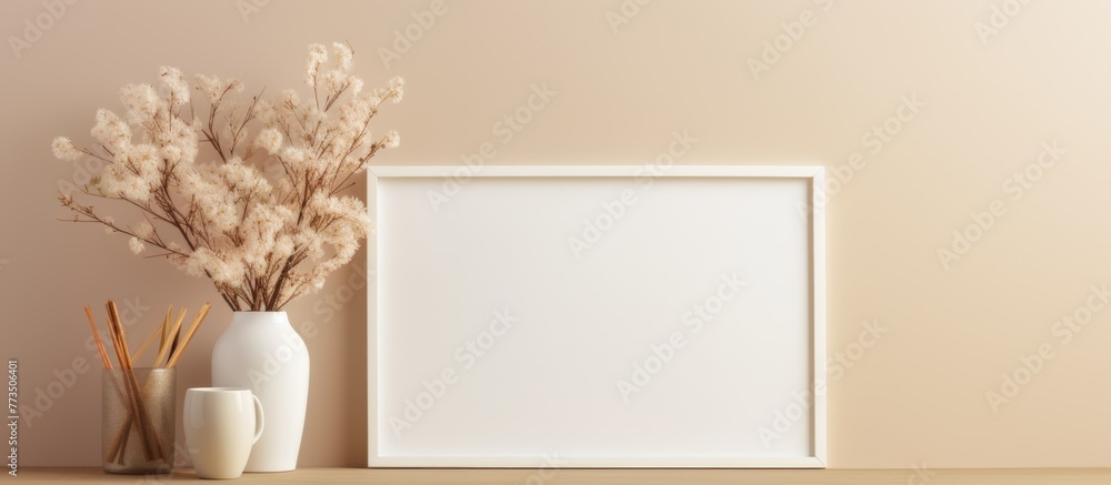 Poster a close up of a decorative vase filled with colorful flowers next to a picture frame resting on a ta