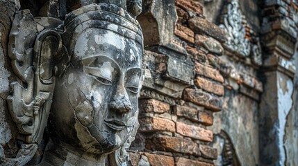 Obraz premium Close up of a statue on a brick wall, suitable for historical or architectural themes