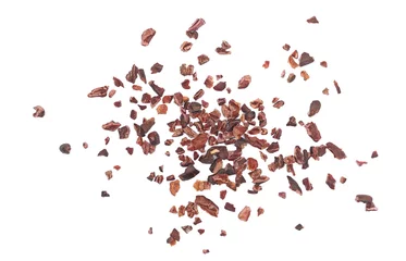 Schilderijen op glas Cacao nibs, crushed and peeled cocoa, isolated on white, top view © dule964