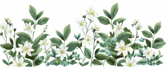 Elegant illustration of blooming white jasmine flowers with lush green leaves.