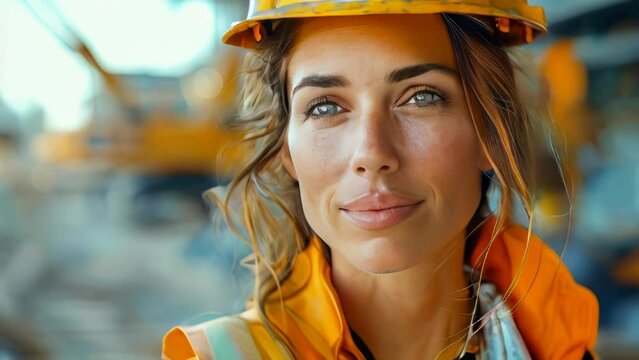Portrait of a young female worker in a hard hat and yellow jacket