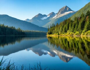 A tranquil scene of a glassy mountain lake reflecting the surrounding peaks