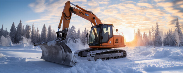 Modern excavator on winter road. snow remove from the road with an excavator heavy machine. - obrazy, fototapety, plakaty