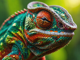 Obraz premium Cool Chameleon: Abstract Vector Art of a Sunglass-Clad Chameleon on a Minimalist Panorama - Digital Faceted Artistry
