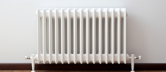 Close up view showcasing a white radiator placed on a wooden floor, offering a modern and elegant touch to the room