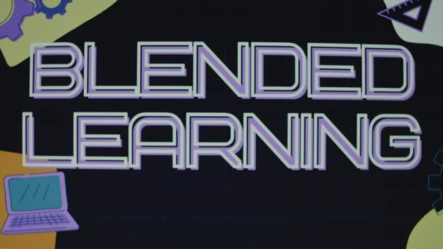 Blended learning inscription on illustrated background. Computer, gears and screwdriver drawings on black background. Education concept. Blurred