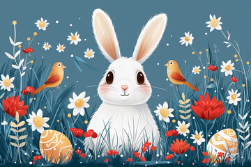 Happy Easter card - cute bunny, eggs, birds and flowers elements, vector illustration.