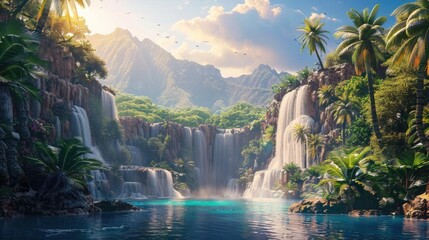 Epic Tropical Island Paradise with Lush Waterfalls and Palm Trees - obrazy, fototapety, plakaty