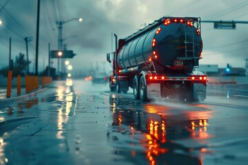 A tanker truck driving down a wet street. Suitable for transportation industry concepts