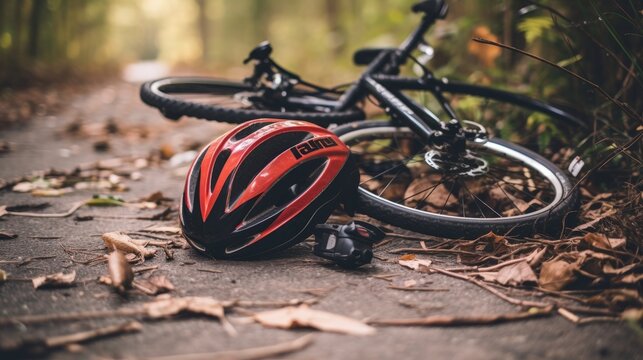 A bicycle lying on the ground with a fallen helmet nearby