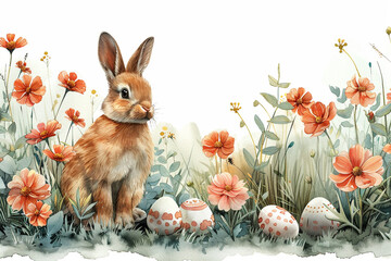 Happy Easter beautiful watercolor card with cute Easter rabbit, eggs, spring flowers in pastel colors. 