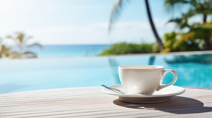 A coffee cup is placed on a table next to a pool - obrazy, fototapety, plakaty